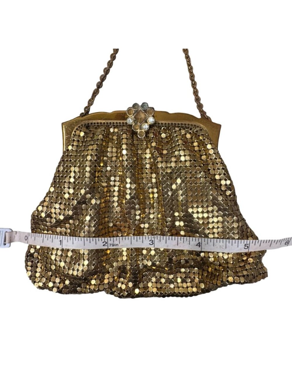 Antique Whiting & Davis Gold Mesh Evening Bag Chainmail Rhinestone Clasp READ - Picture 7 of 11